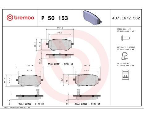 Brake Pad Set, disc brake P50153 Brembo, Image 2