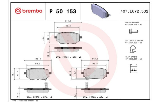 Brake Pad Set, disc brake P50153 Brembo