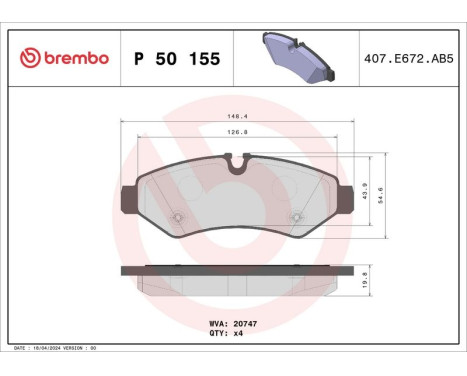 Brake Pad Set, disc brake P50155 Brembo, Image 2