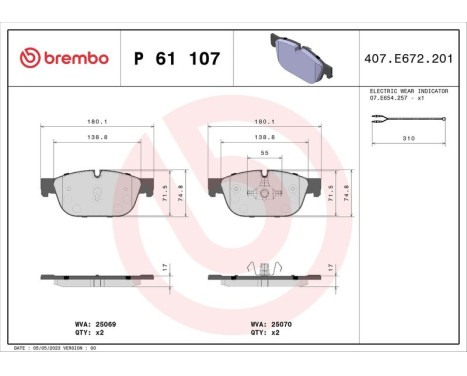 Brake Pad Set, disc brake P61107 Brembo, Image 3