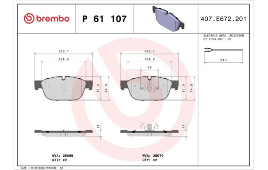 Brake Pad Set, disc brake P61107 Brembo, Image 2