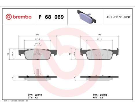 Brake Pad Set, disc brake P68069 Brembo, Image 3