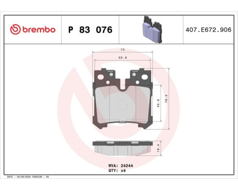 Brake Pad Set, disc brake P83076 Brembo, Image 3