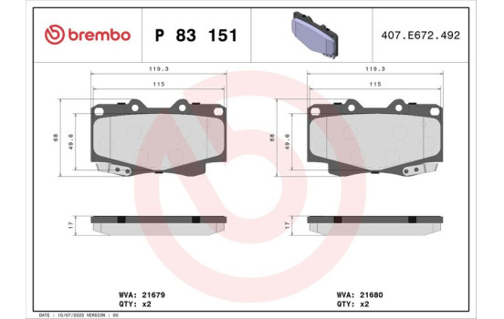 Brake Pad Set, disc brake P83151 Brembo, Image 2