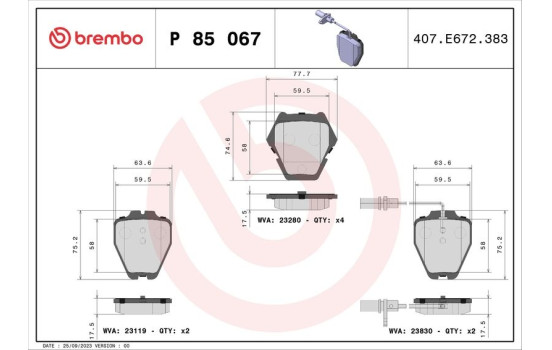 Brake Pad Set, disc brake P85067 Brembo, Image 2