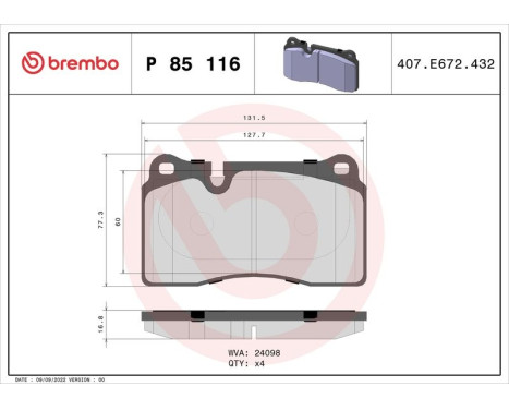 Brake Pad Set, disc brake P85116 Brembo, Image 3