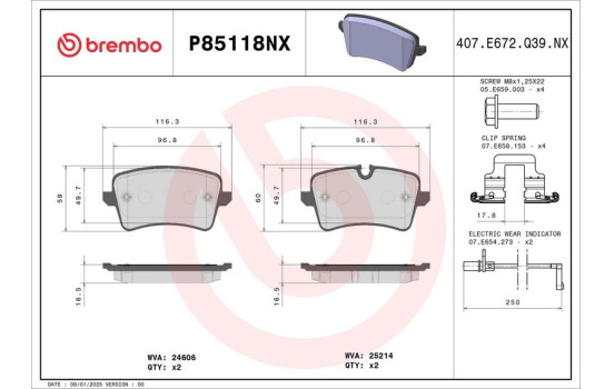 Brake pad set, disc brake P85118NX Brembo