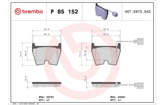 Brake Pad Set, disc brake P85152 Brembo, Image 2