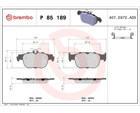 Brake pad set, disc brake P85189 Brembo, Image 2