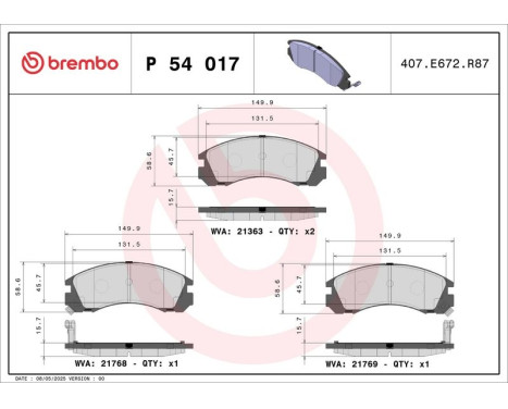 Bromsbeläggssats, skivbroms BREMBO XTRA LINE P 54 017X, bild 2