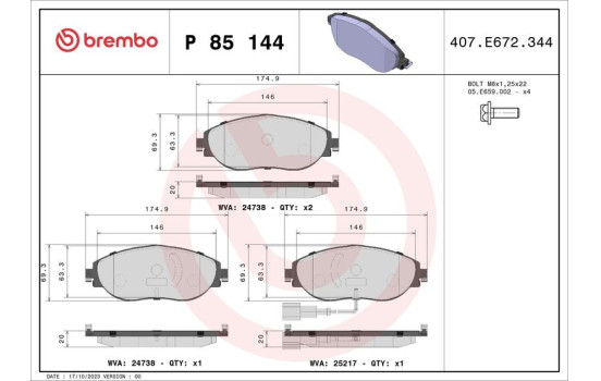 Bromsbeläggssats, skivbroms BREMBO XTRA LINE P 85 144X