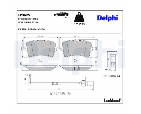 Bromsbeläggssats, skivbroms LP3625 Delphi
