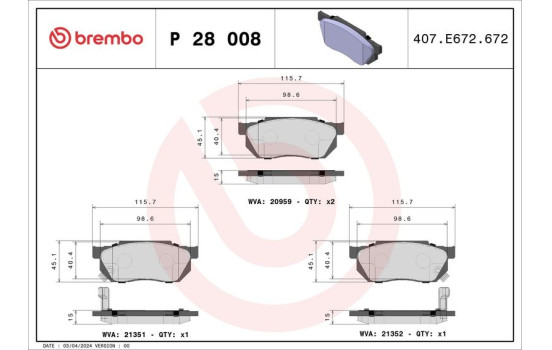 Bromsbeläggssats, skivbroms P 28 008 Brembo, bild 2
