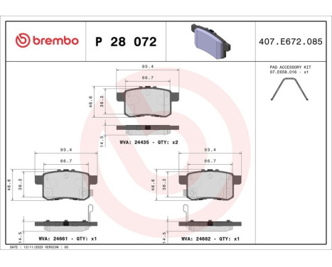 Bromsbeläggssats, skivbroms P 28 072X Brembo