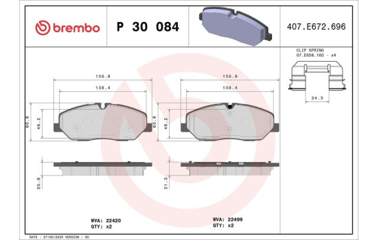 Bromsbeläggssats, skivbroms P 30 084 Brembo