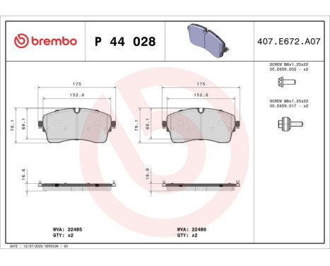 Bromsbeläggssats, skivbroms P 44 028 Brembo, bild 2