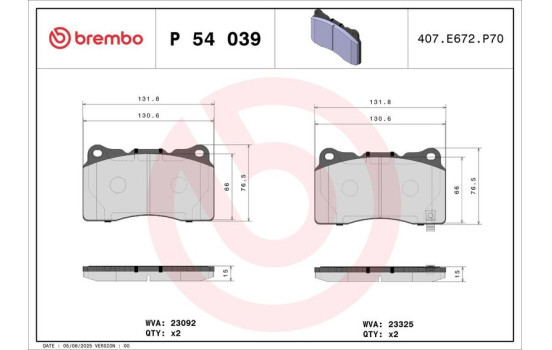 Bromsbeläggssats, skivbroms P 54 039 Brembo, bild 2