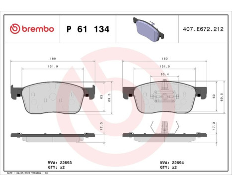 Bromsbeläggssats, skivbroms P 61 134 Brembo, bild 2