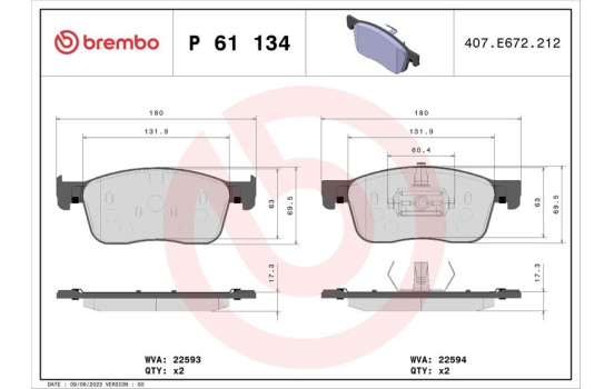 Bromsbeläggssats, skivbroms P 61 134 Brembo
