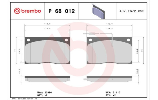 Bromsbeläggssats, skivbroms P 68 012 Brembo, bild 2