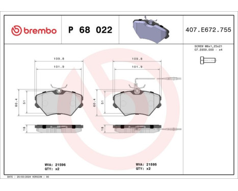 Bromsbeläggssats, skivbroms P 68 022 Brembo, bild 2