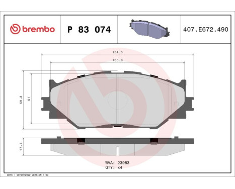 Bromsbeläggssats, skivbroms P 83 074 Brembo, bild 3
