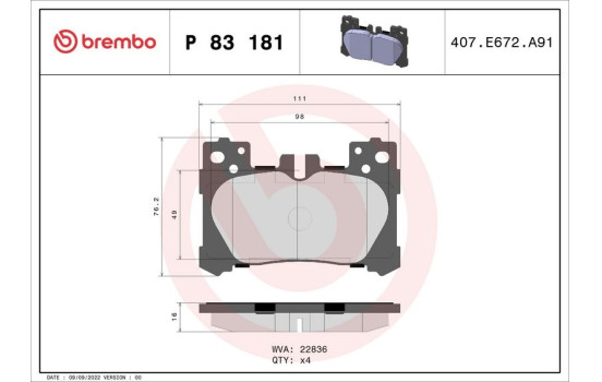 Bromsbeläggssats, skivbroms P 83 181 Brembo