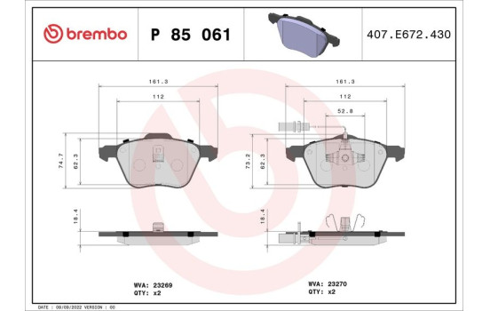 Bromsbeläggssats, skivbroms P 85 061 Brembo, bild 2