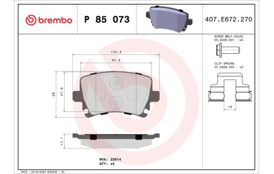 Bromsbeläggssats, skivbroms P 85 073 Brembo, bild 2
