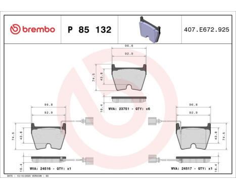 Bromsbeläggssats, skivbroms P 85 132 Brembo, bild 2