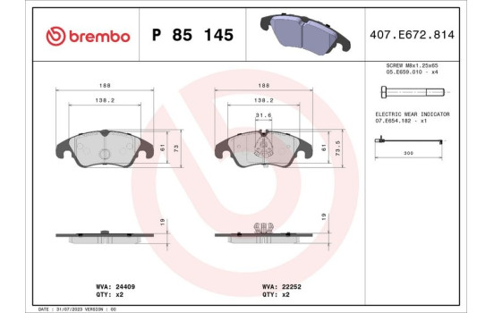 Bromsbeläggssats, skivbroms P 85 145 Brembo