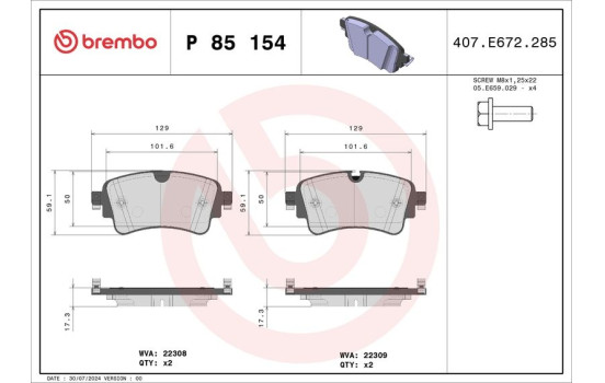 Bromsbeläggssats, skivbroms P 85 154 Brembo, bild 2