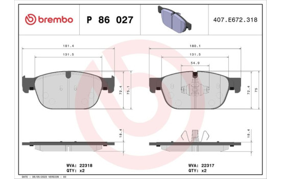 Bromsbeläggssats, skivbroms P 86 027 Brembo