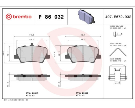 Bromsbeläggssats, skivbroms P 86 032 Brembo, bild 2