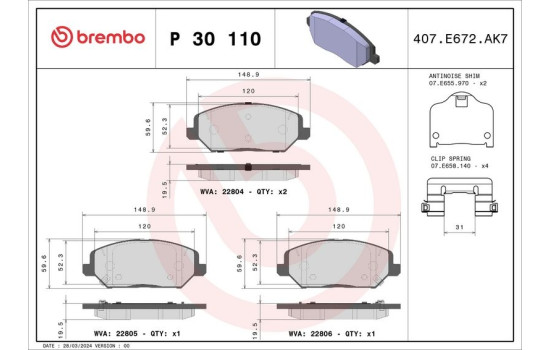 Bromsbeläggssats, skivbroms P30110 Brembo