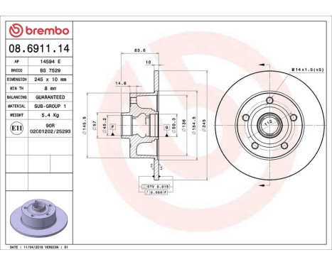 Bromsskiva 08.6911.14 Brembo, bild 4