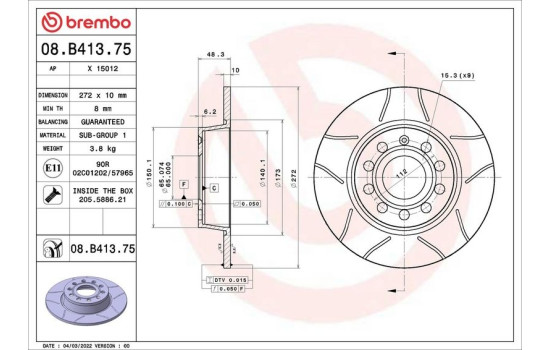 Bromsskiva 08.B413.75 Brembo