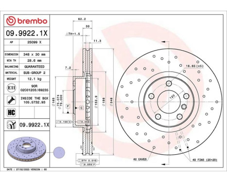 Bromsskiva 09.9922.1X Brembo, bild 2