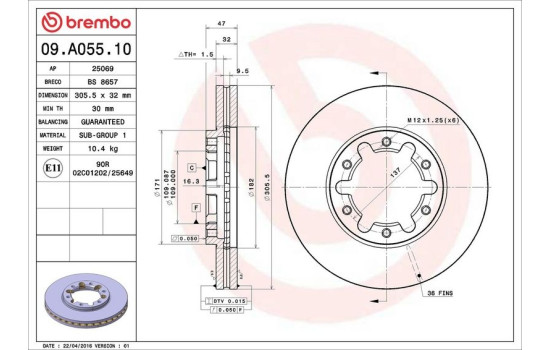 Bromsskiva 09.A055.10 Brembo, bild 2