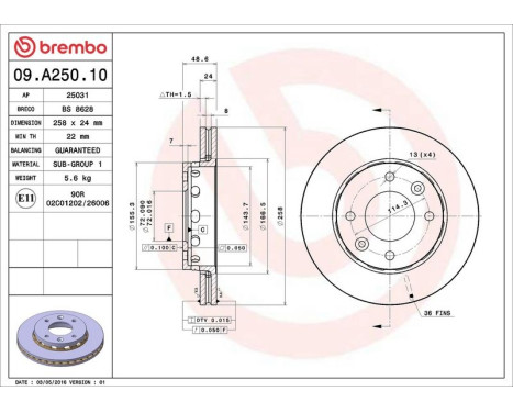 Bromsskiva 09.A250.10 Brembo, bild 3