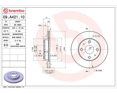 Bromsskiva 09.A421.10 Brembo, bild 3