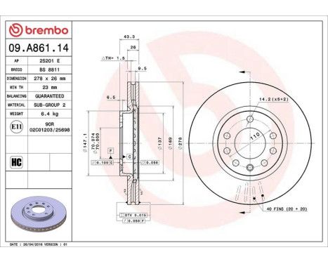 Bromsskiva 09.A861.14 Brembo, bild 3