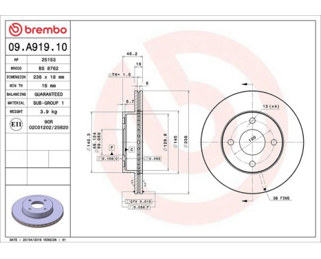 Bromsskiva 09.A919.10 Brembo, bild 3