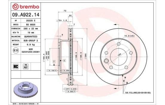 Bromsskiva 09.A922.14 Brembo, bild 3
