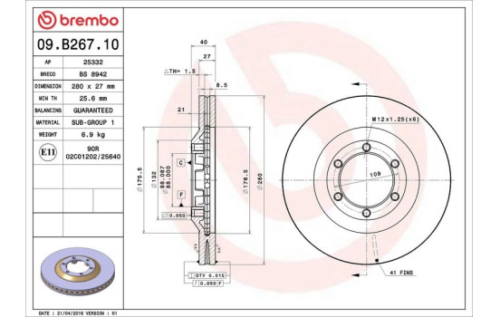 Bromsskiva 09.B267.10 Brembo, bild 3