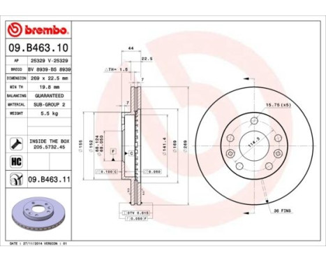 Bromsskiva 09.B463.10 Brembo, bild 2