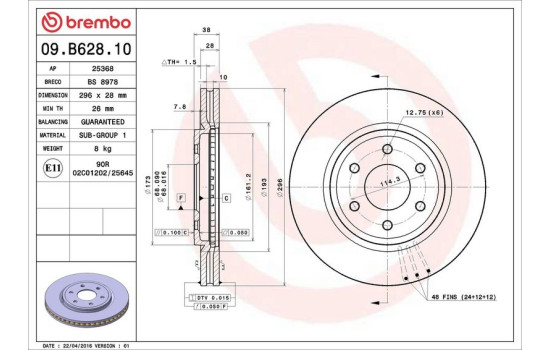 Bromsskiva 09.B628.10 Brembo, bild 3