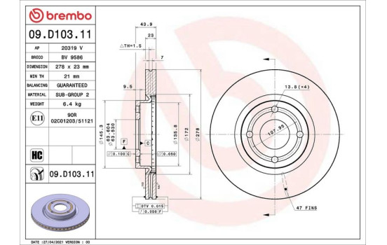 Bromsskiva 09.D103.11 Brembo
