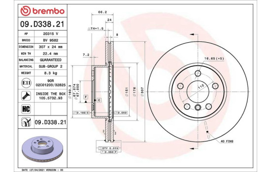 Bromsskiva 09.D338.21 Brembo, bild 2