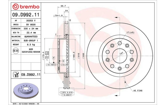 Bromsskiva 09D99211 Brembo